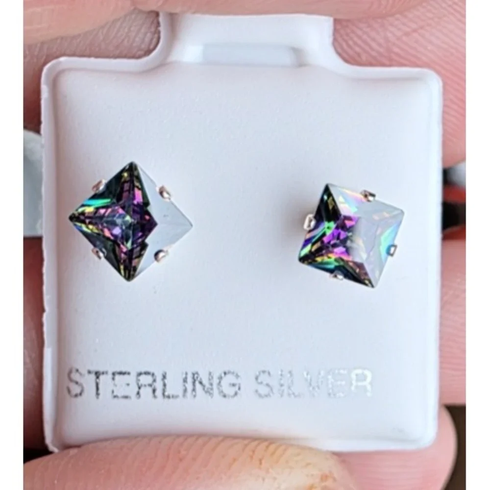 Mystic Topaz Princess Prong Sterling Silver 925 Stud Earrings 1.25 Carats NWOT